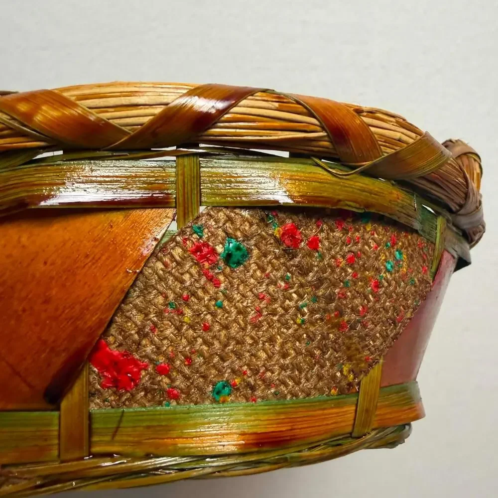Vintage Woven Wicker Oval Basket With Handles Boho Farmhouse Country Decor